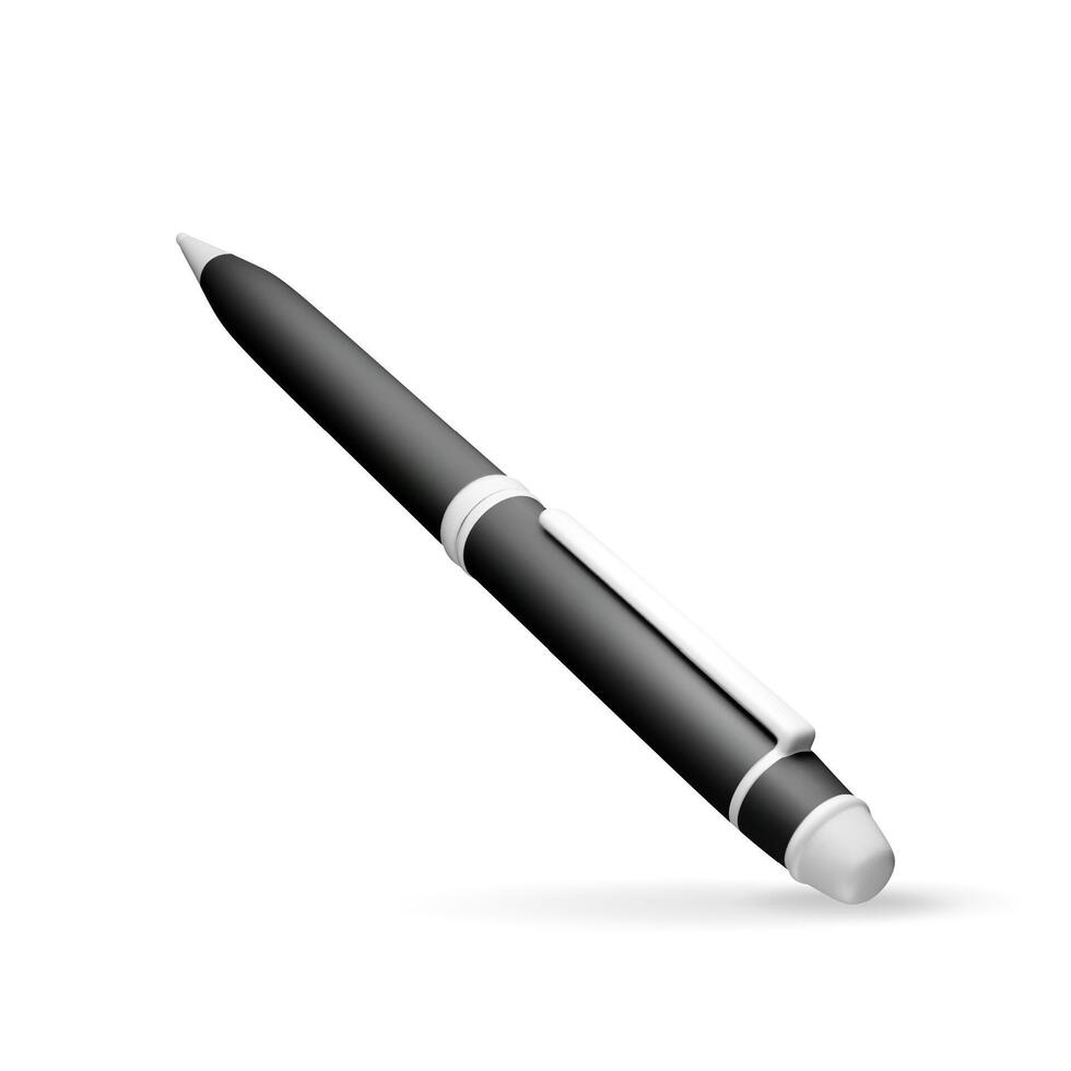 3D detailed classic ballpoint pen isolated on white. Render black pen with button. vector