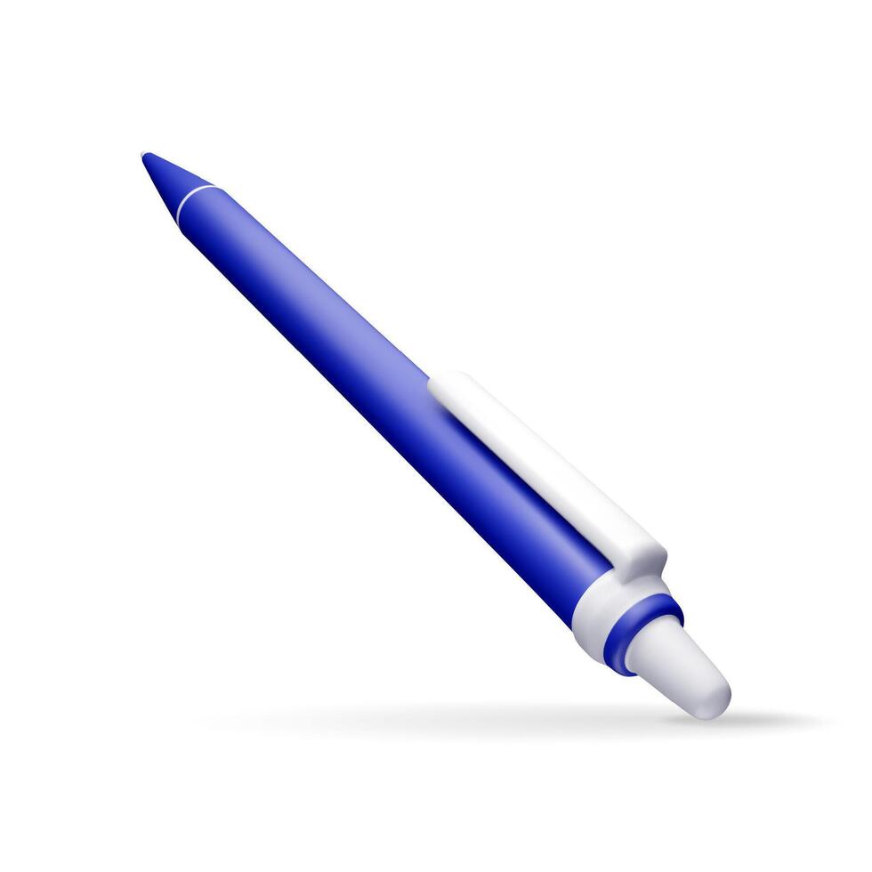 3D detailed classic ballpoint pen isolated on white. Render blue pen with button. vector