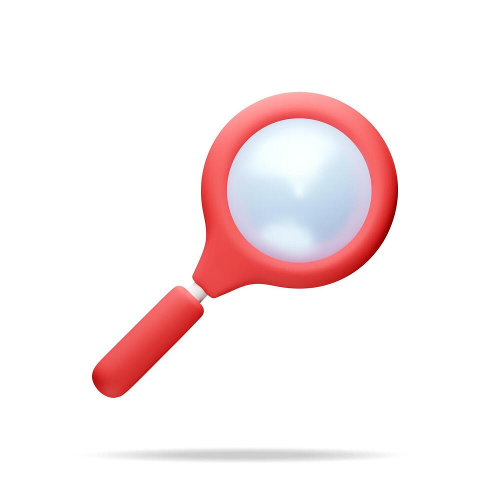 3D red magnifying glass isolated on white. Render plastic cartoon zoom lens. Loupe tool icon. Discovery, analysis, research, investigation, search concept vector