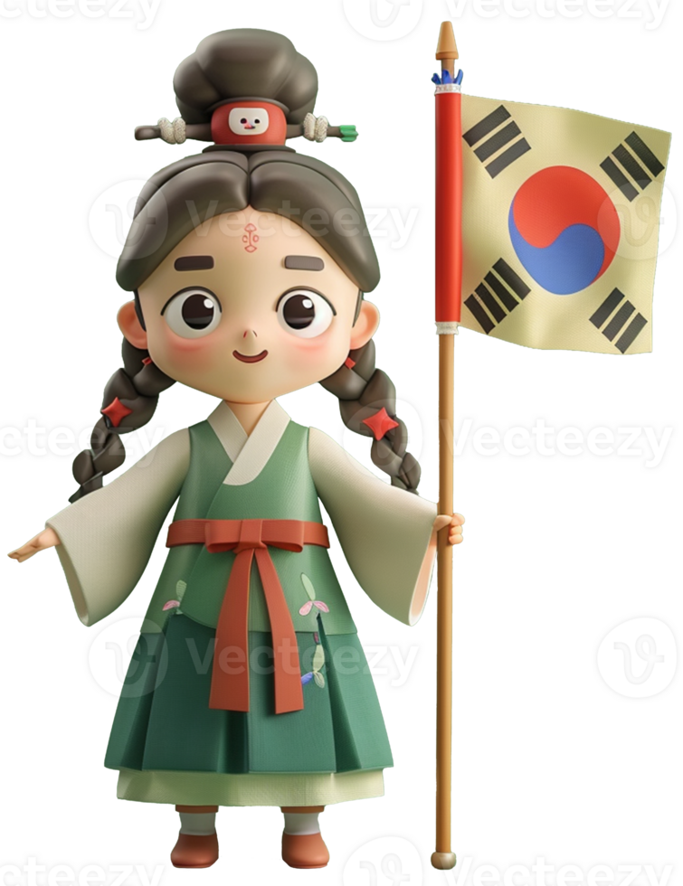 A cartoon girl holding a korean flag png