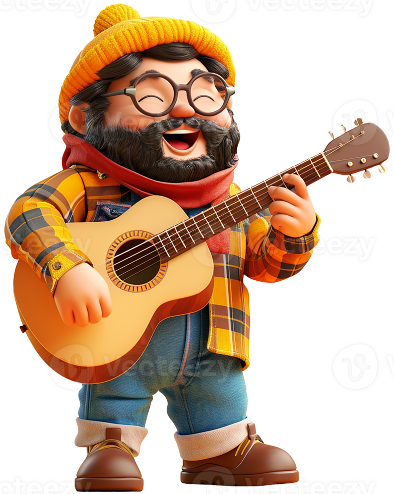 A cartoon man with glasses and a hat playing an acoustic guitar png