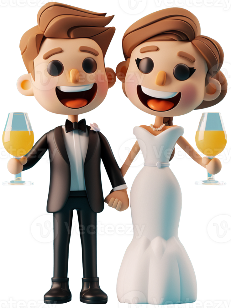 A cartoon bride and groom holding glasses of wine png