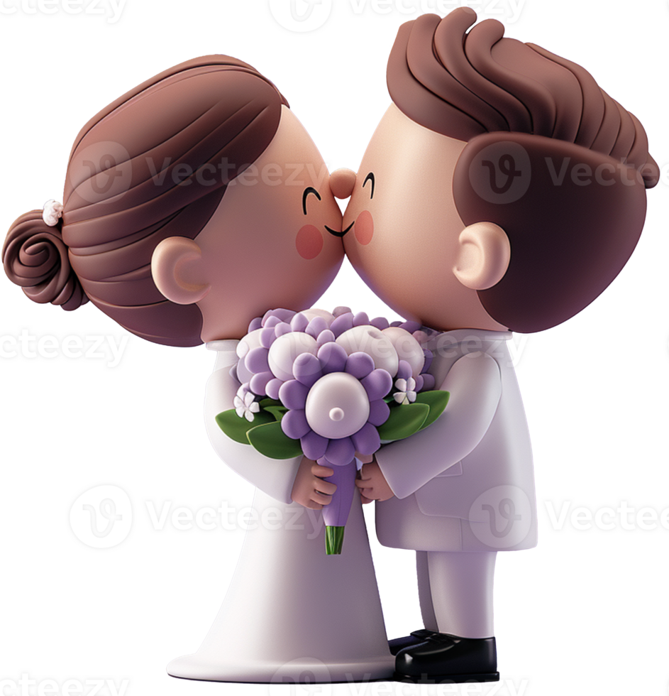 A cartoon couple kissing with a bouquet of flowers png