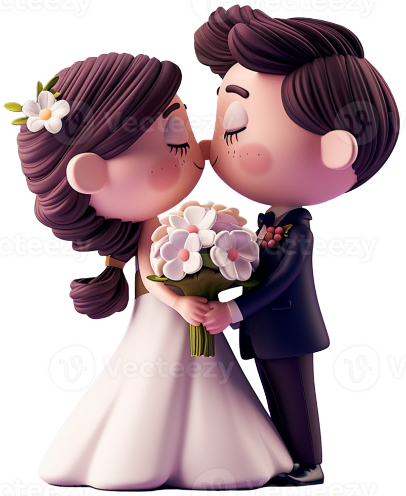 A cartoon bride and groom kissing png