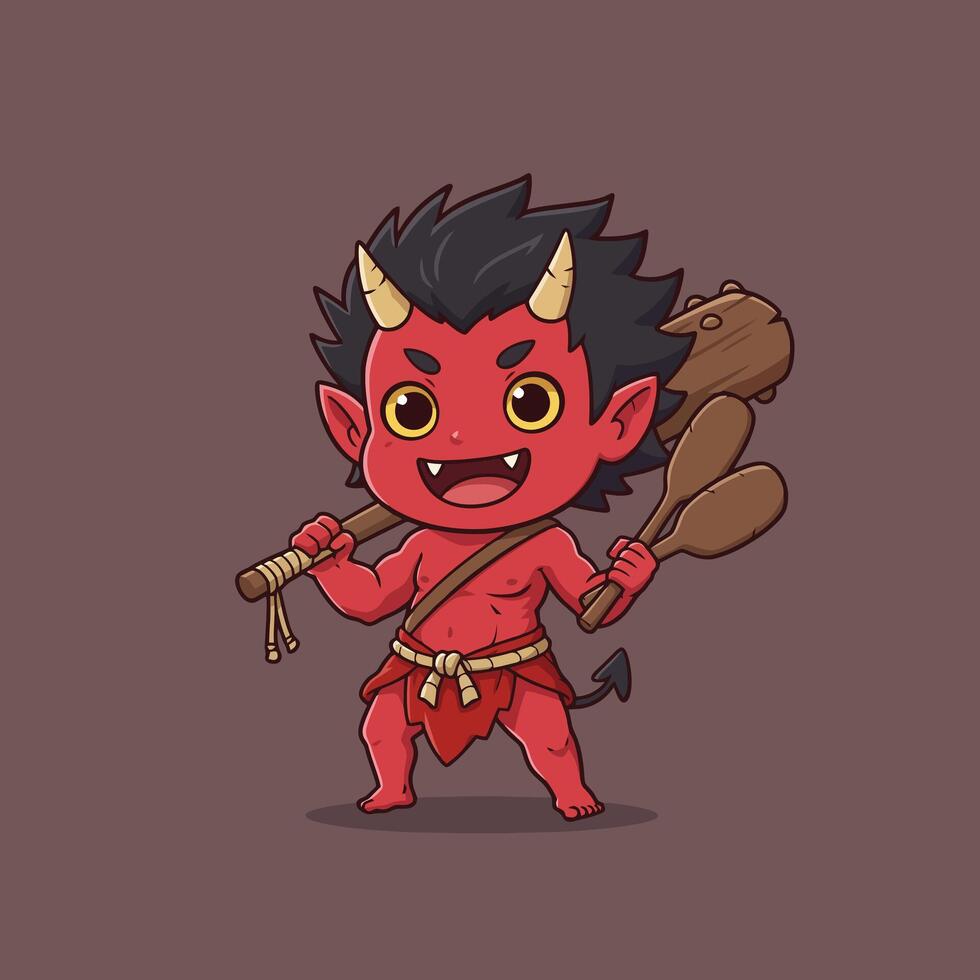 Cartoon Red Demon Character Standing with Club and Happy Expression vector