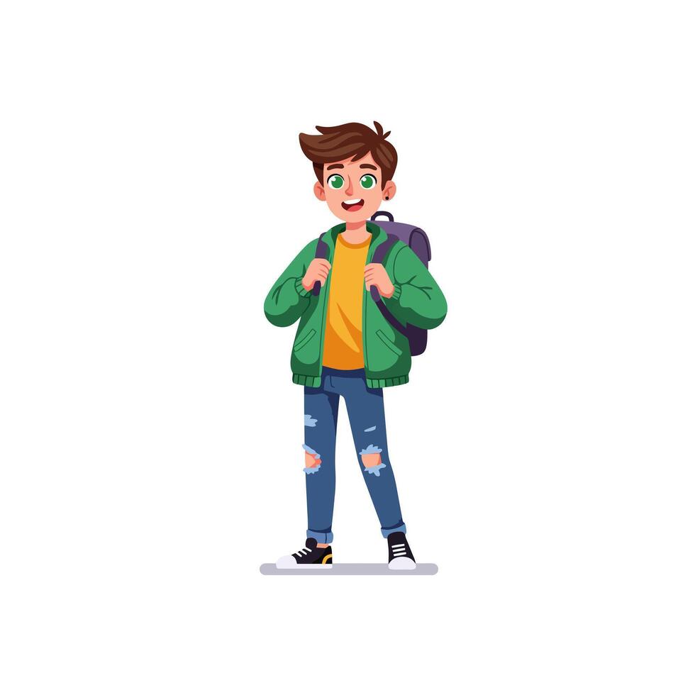Cartoon Boy Standing with Backpack Wearing Jacket and Ripped Jeans vector
