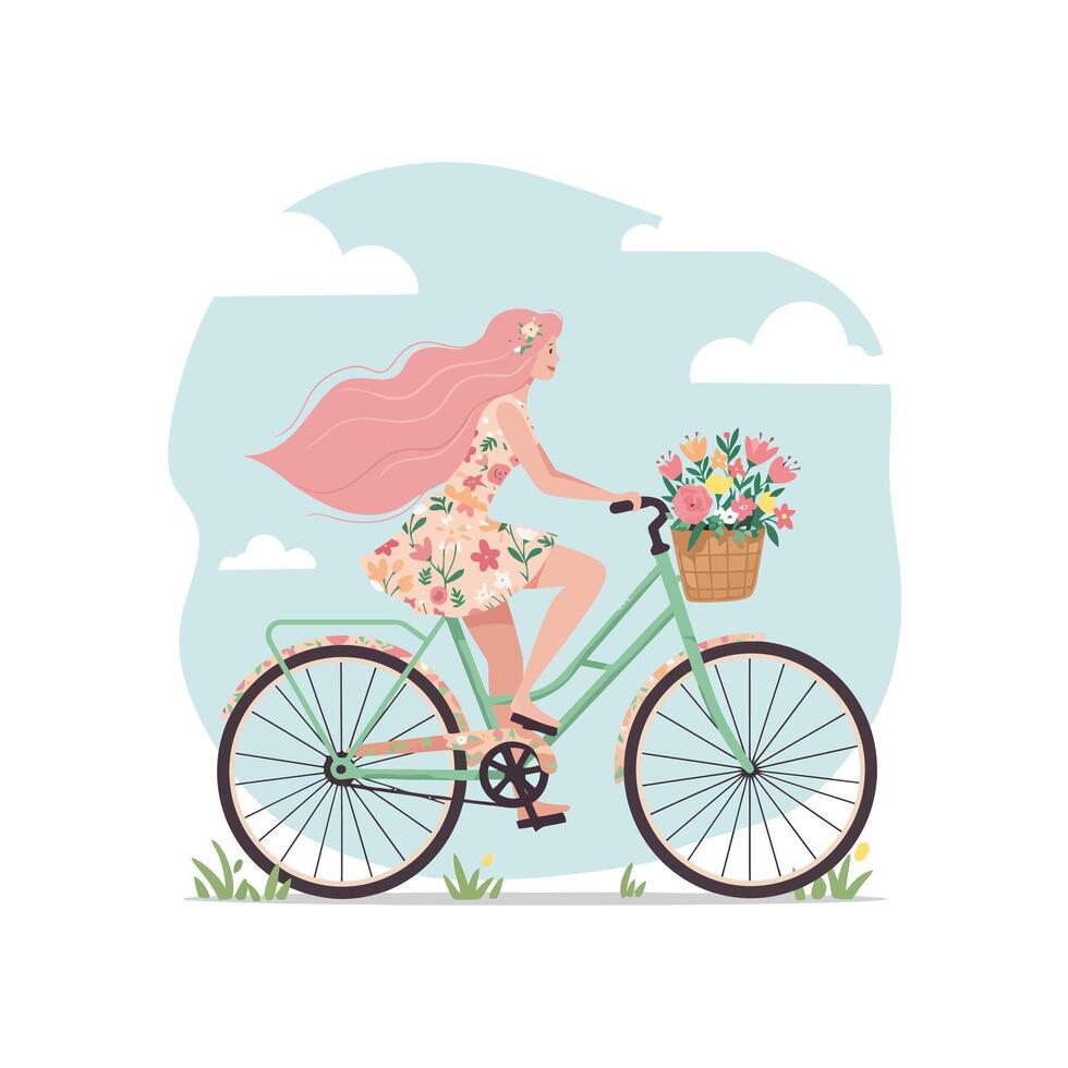 Woman Riding Bicycle with Flower Basket Enjoying a Peaceful Day vector