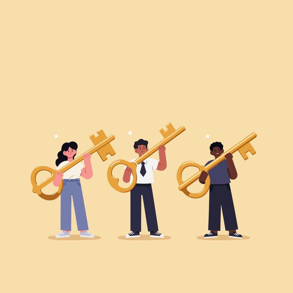 People Holding Large Golden Keys in Illustration Style on Light Background vector