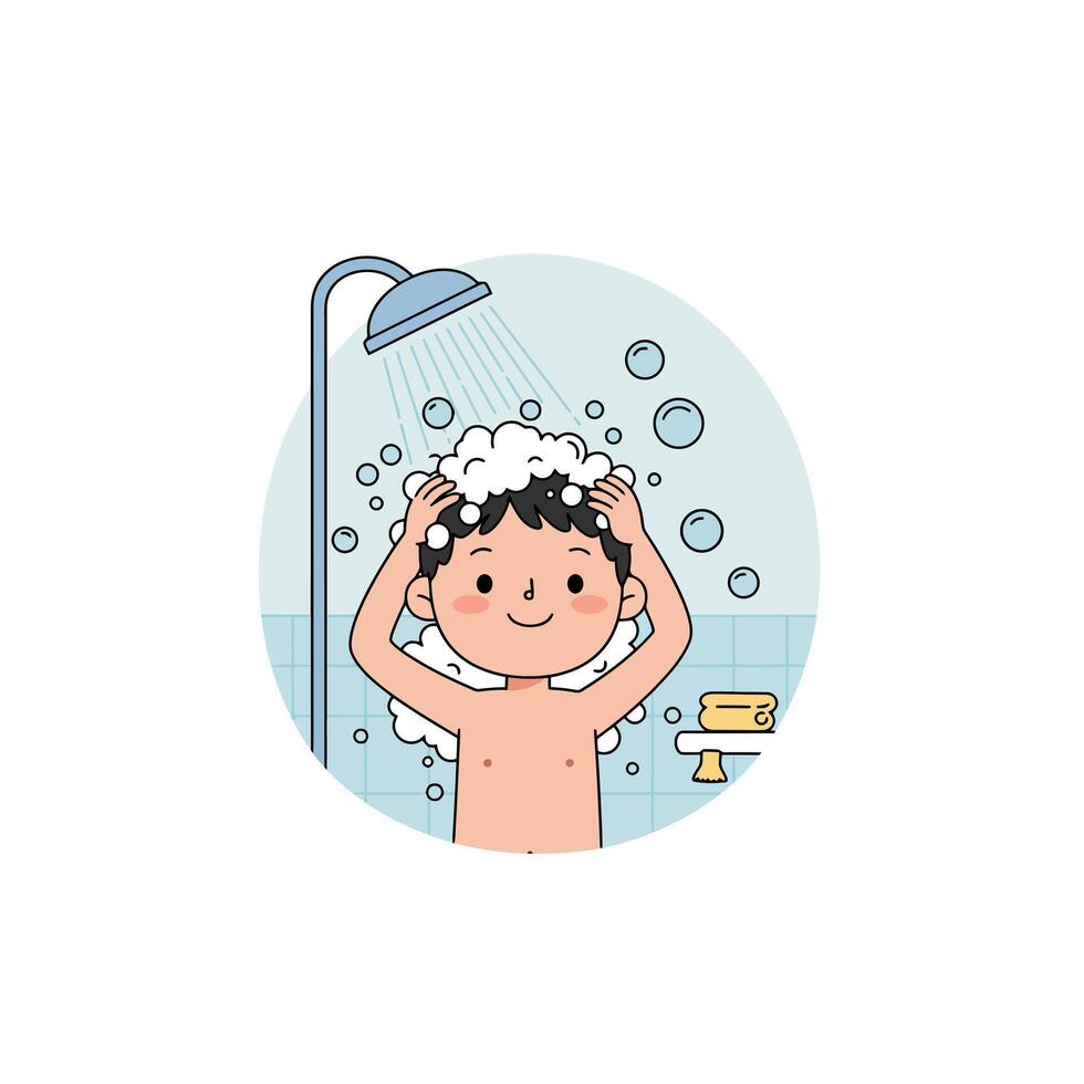 Boy Shampooing Hair Under Shower with Foam and Bubbles vector