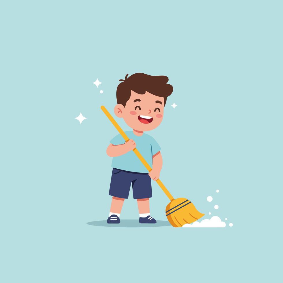 Boy Sweeping Cartoon Illustration Child Doing Chores with Broom vector