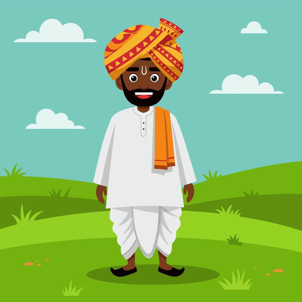 Cartoon Farmer Standing in Field Wearing Traditional Clothing and Turban vector