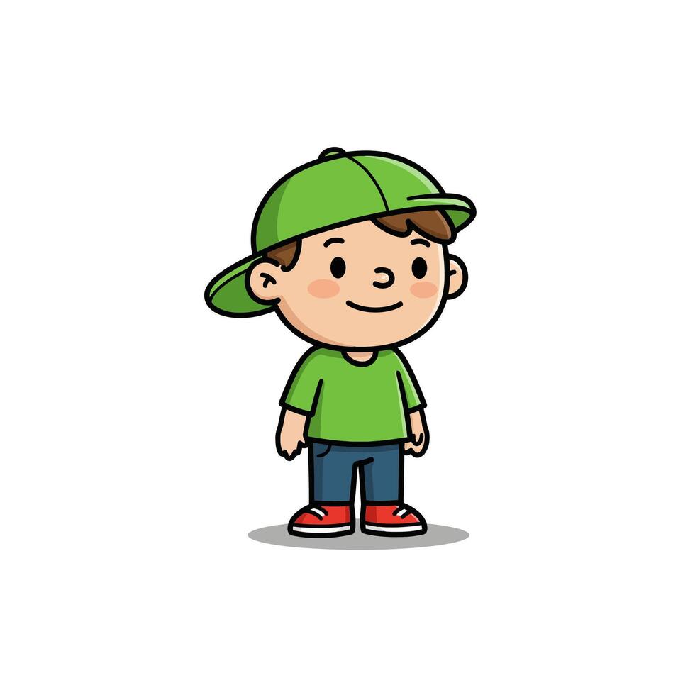 Cartoon Boy Wearing Green Hat Standing and Smiling Illustration vector