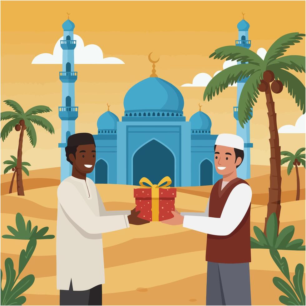 People Exchanging Gift in Front of Mosque with Palm Trees vector