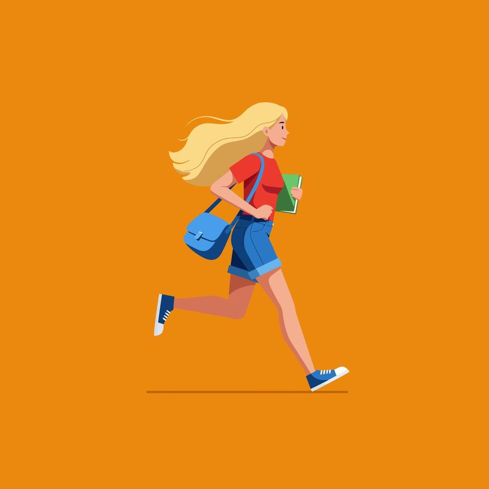 Woman Running with Book and Bag Illustration on Orange Background vector
