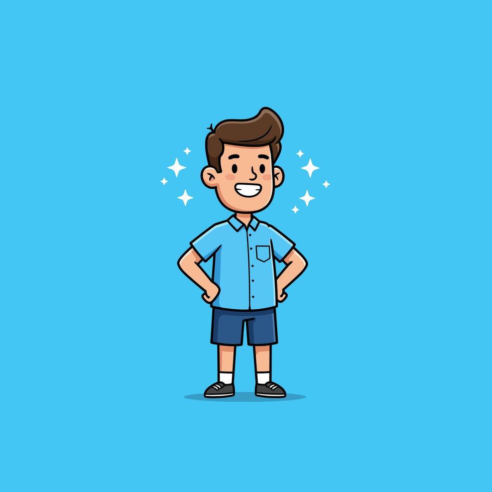 Cartoon Boy Standing Happy with Hands on Hips Against Blue Backdrop vector