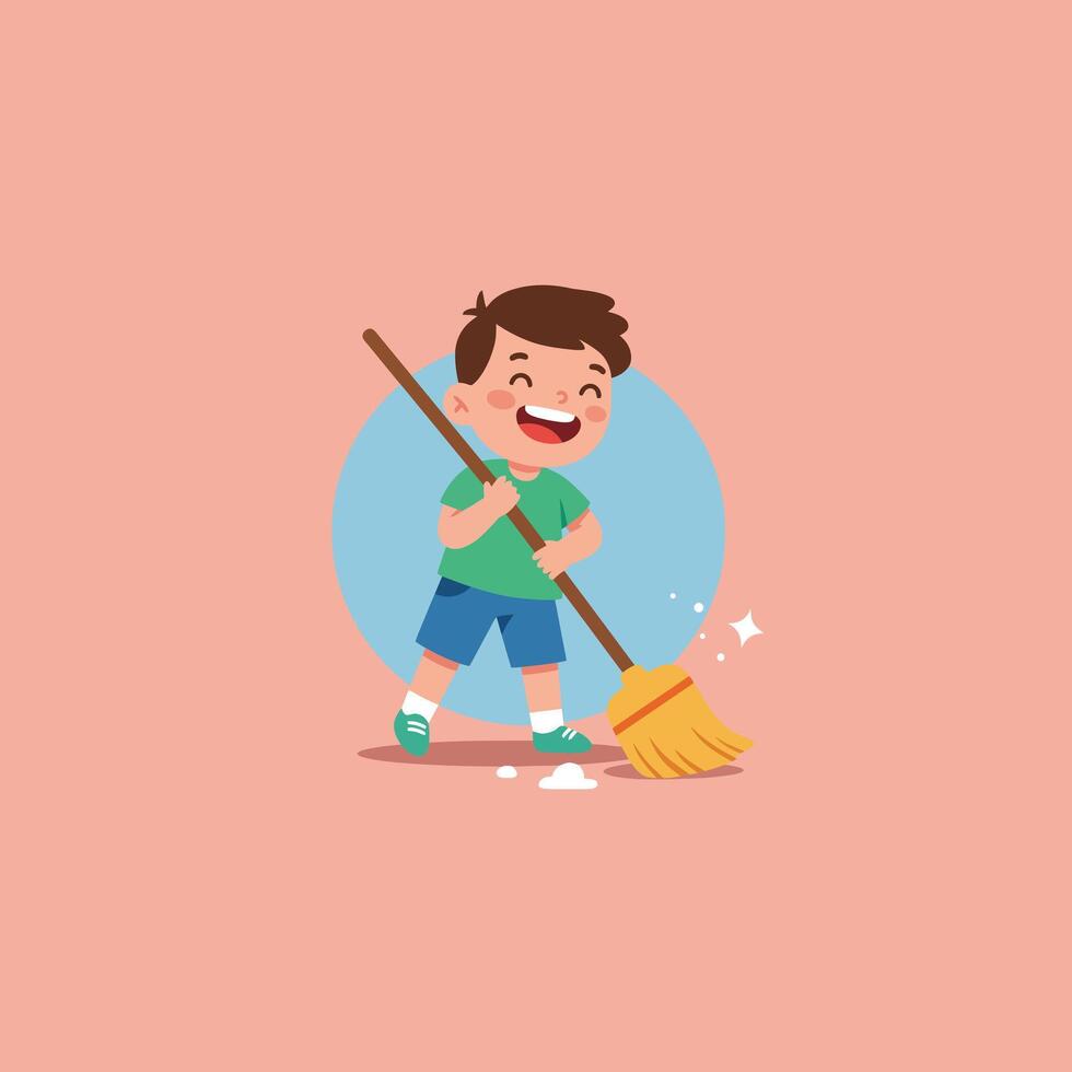 Boy Sweeping Floor Cartoon Illustration Doing Household Chore with Broom vector