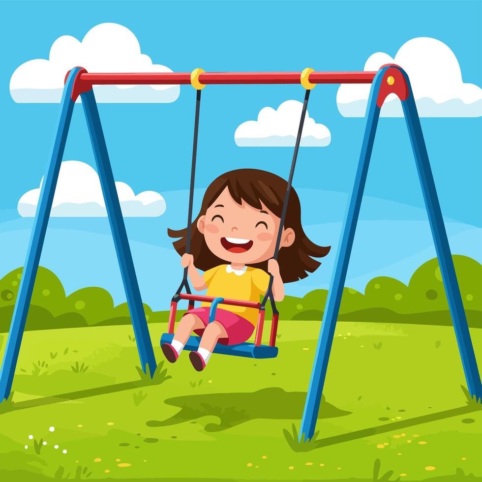 Girl Swinging Happily on a Swing Set at the Playground vector