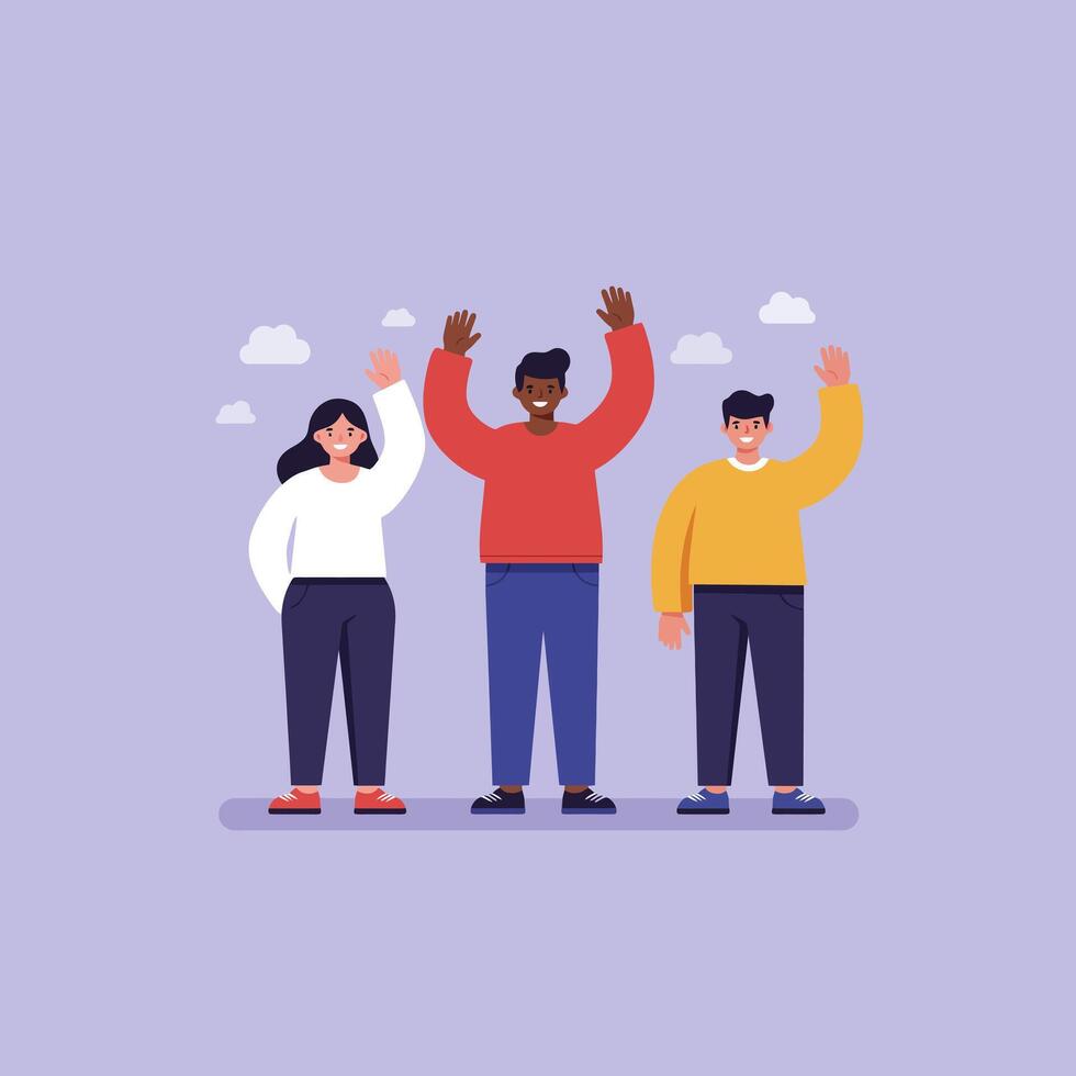 People Waving Hands Standing Together with Clouds Background Illustration vector