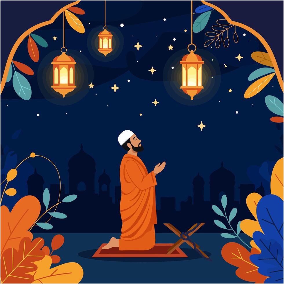 Man Praying Under Lanterns at Night with Starry Sky Backdrop vector