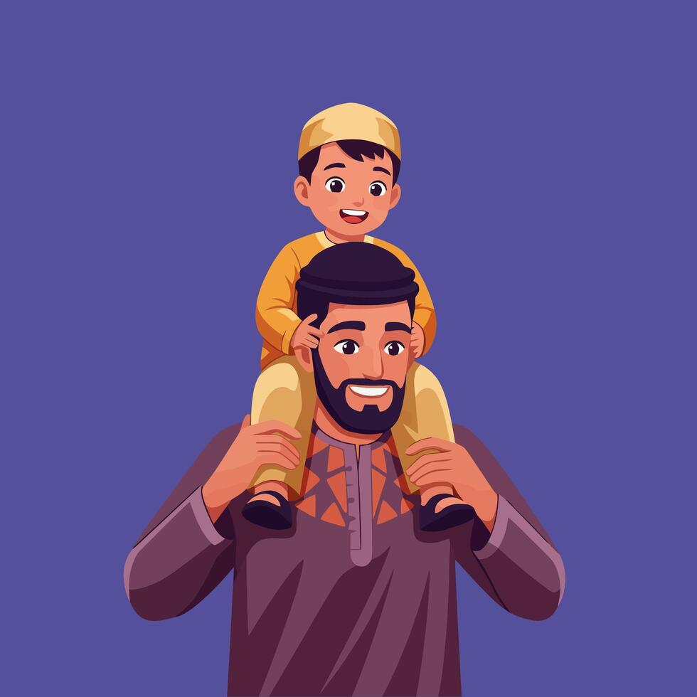 Father Carrying Son on Shoulders Expressing Joyful Fatherhood Moment vector