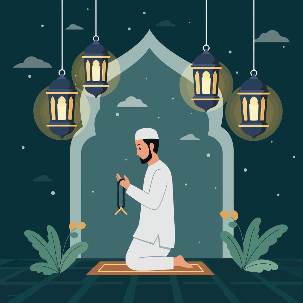 Man Praying with Rosary Under Lanterns in Illustrated Religious Scene vector