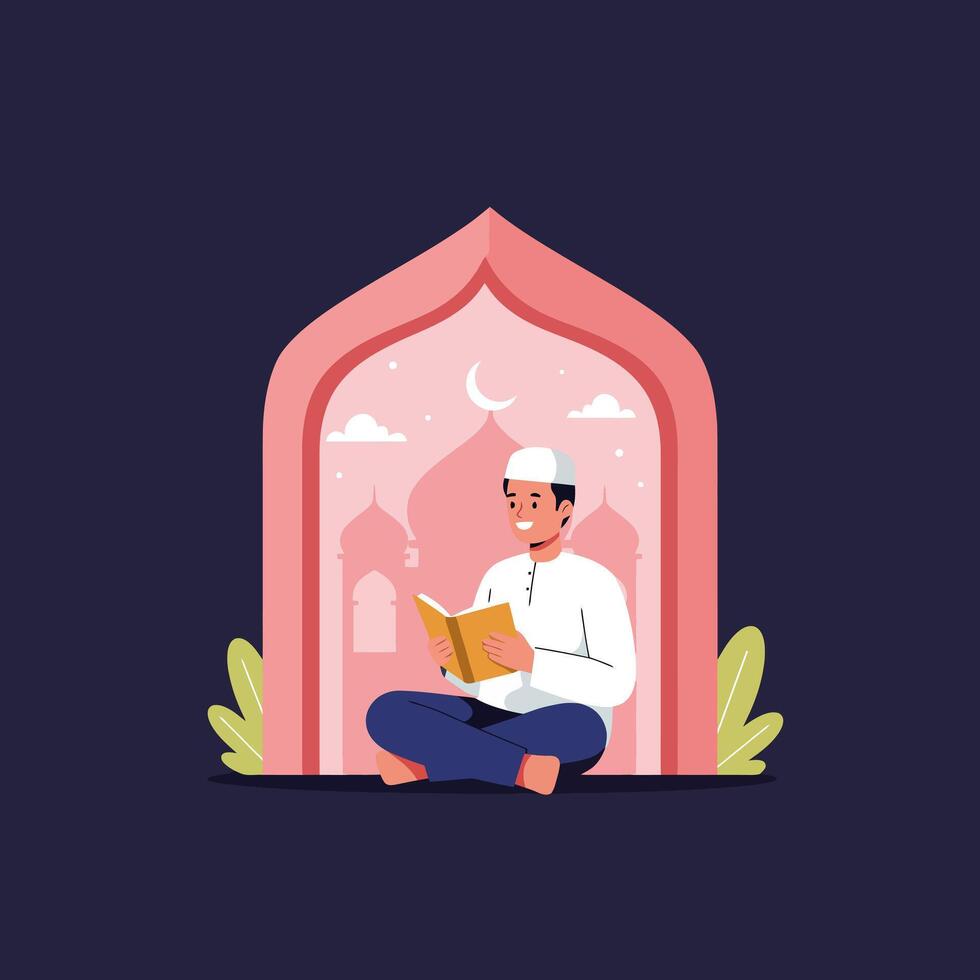 Person Reading Book Sitting in Archway with Moon and Mosque vector