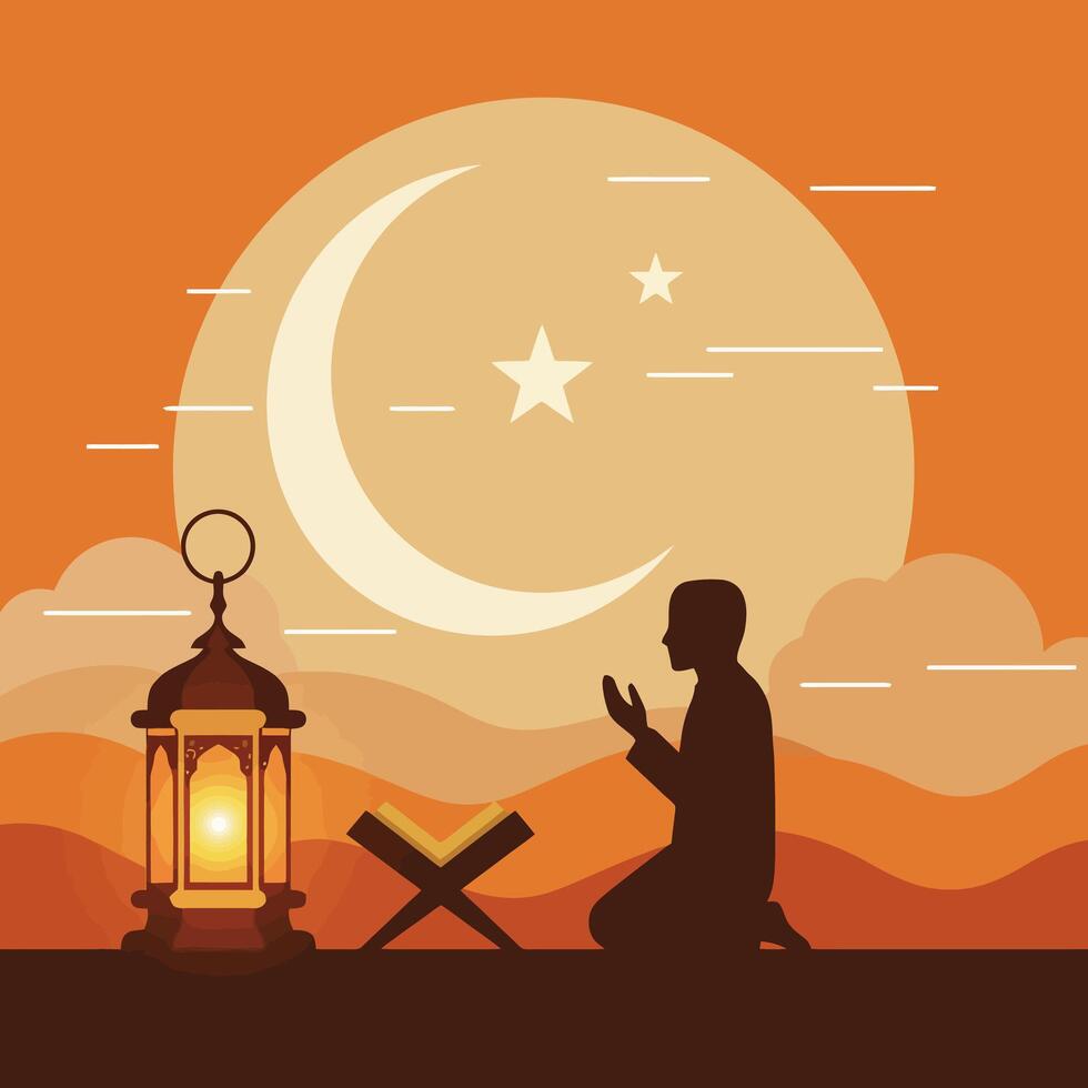 Silhouette Praying with Crescent Moon and Lantern in Warm Sunset vector
