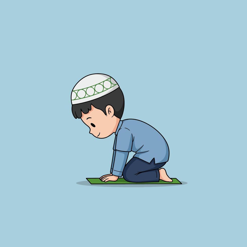 Boy Cartoon Praying on Mat with Religious Headdress Peaceful Scene vector