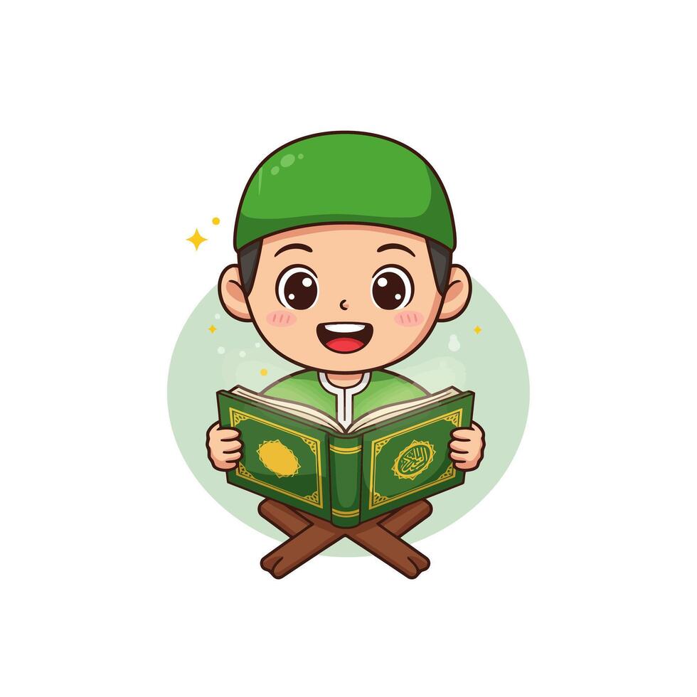 Cartoon Boy Reading Holy Book with Stand Illustration Design vector