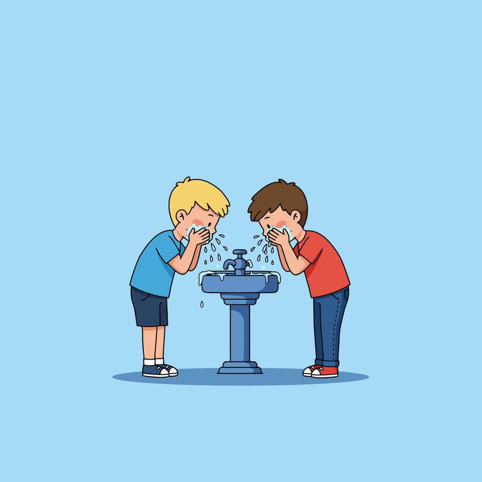 Boys Washing Faces at Outdoor Fountain with Running Water Illustration vector