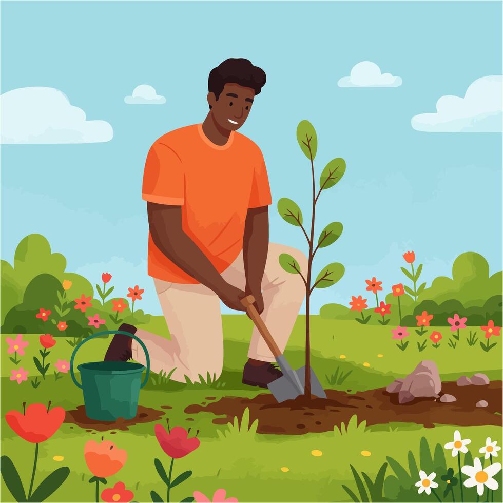 Man Planting Seedling in Garden with Flowers and Blue Sky vector