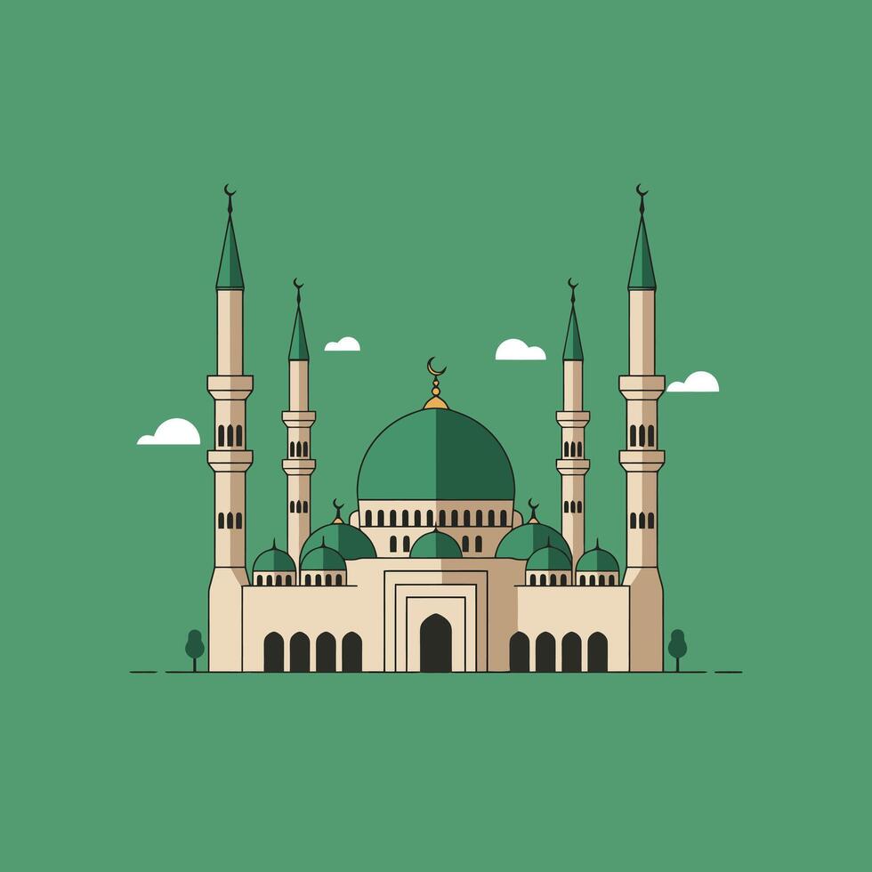 Illustration of Mosque with Green Domes and Minarets Against Green Background vector