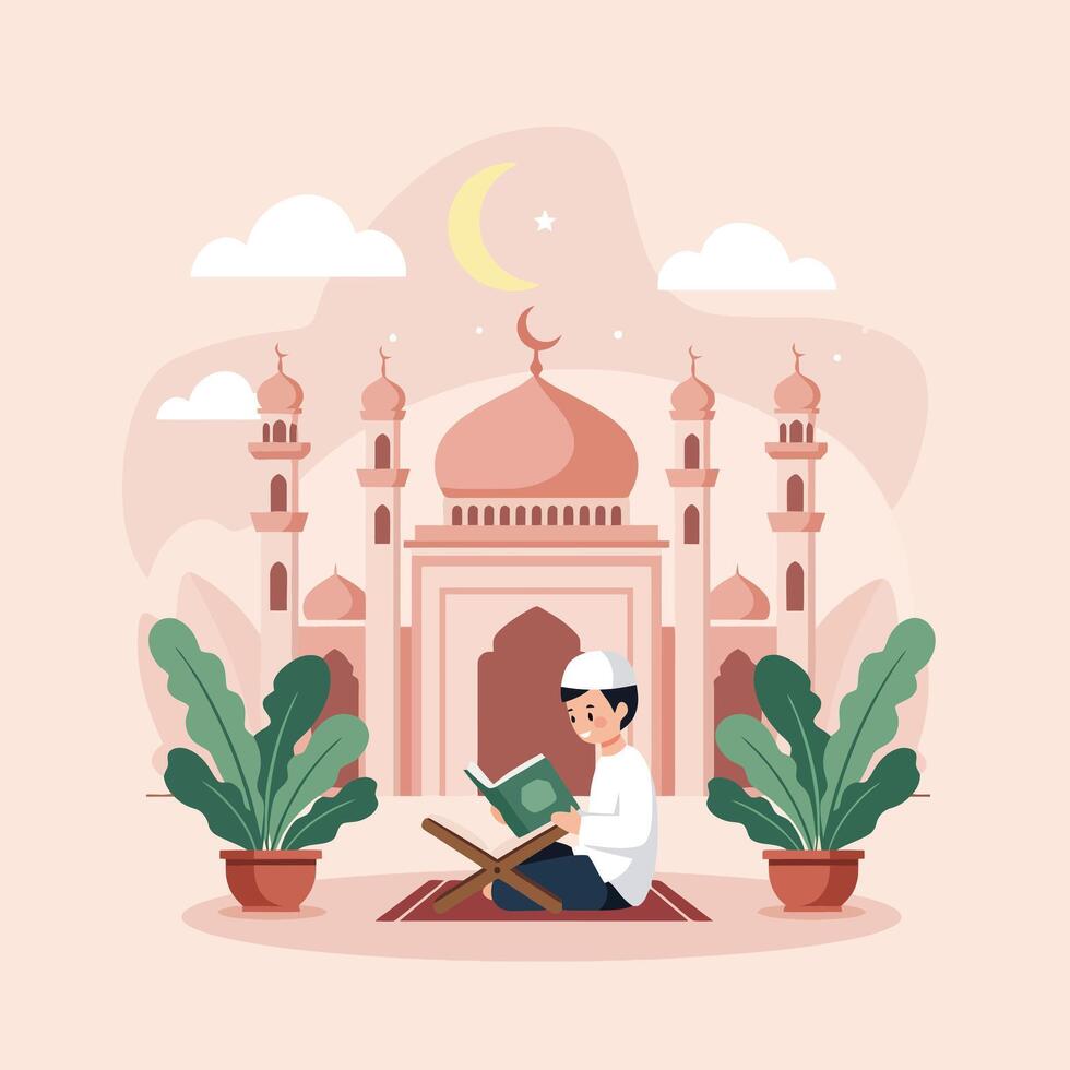 Boy Reading Book Outside Mosque with Crescent Moon and Stars vector