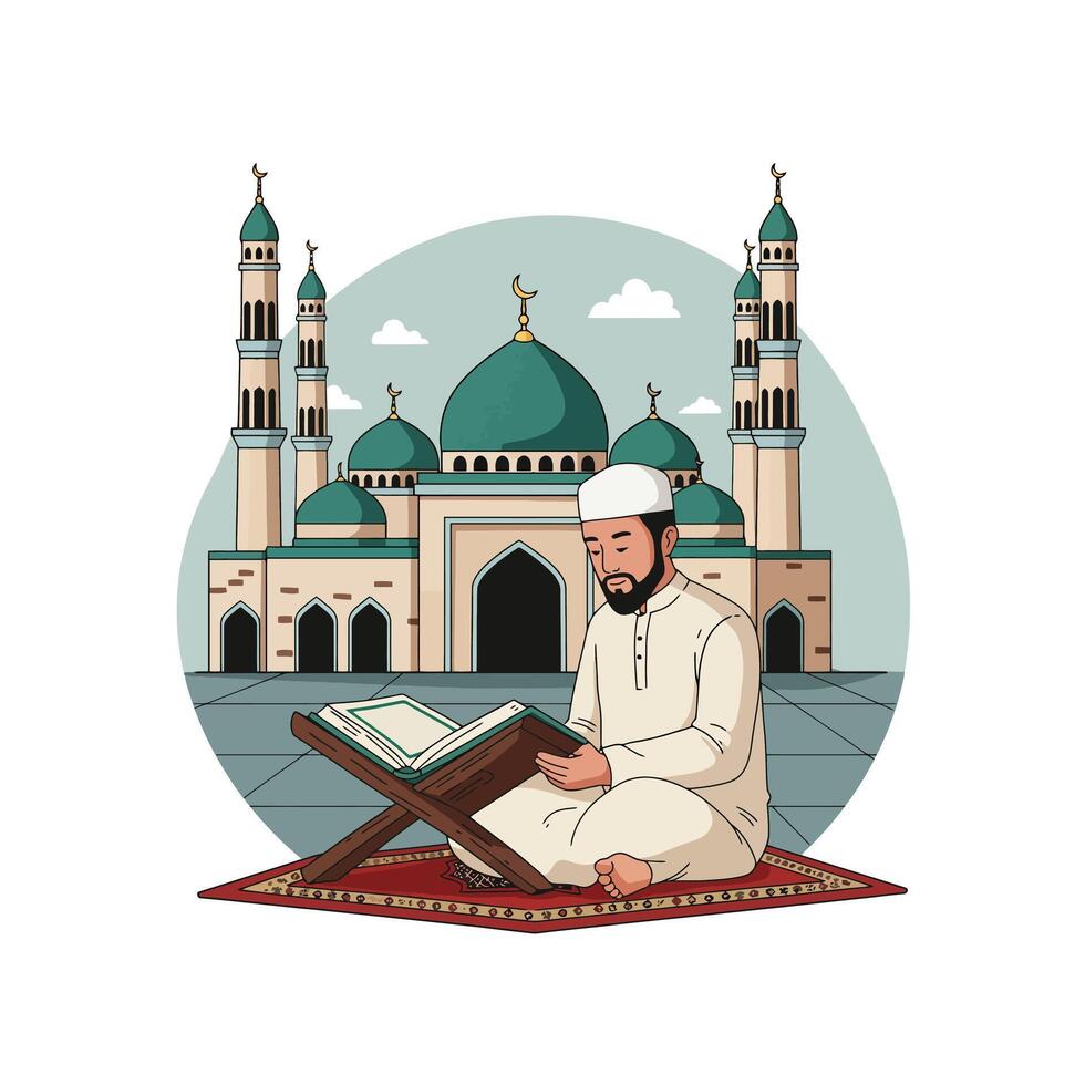 Man Reading Book Near Mosque Illustration Representing Faith and Tradition vector