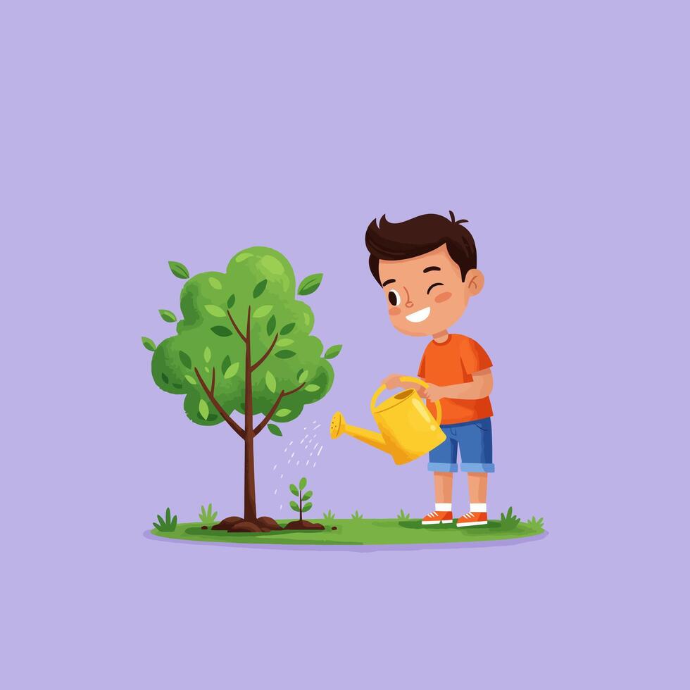 Boy Watering Young Tree Sapling Growing in Garden Cartoon Illustration vector