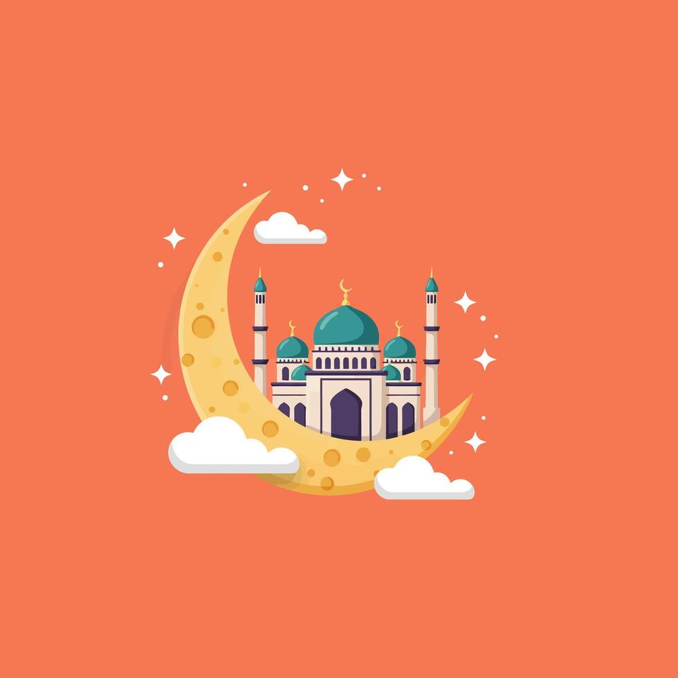 Mosque on Crescent Moon with Clouds and Stars in Sky vector