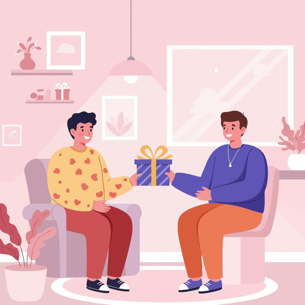 Man Giving a Gift to Another Man in a Cozy Room vector