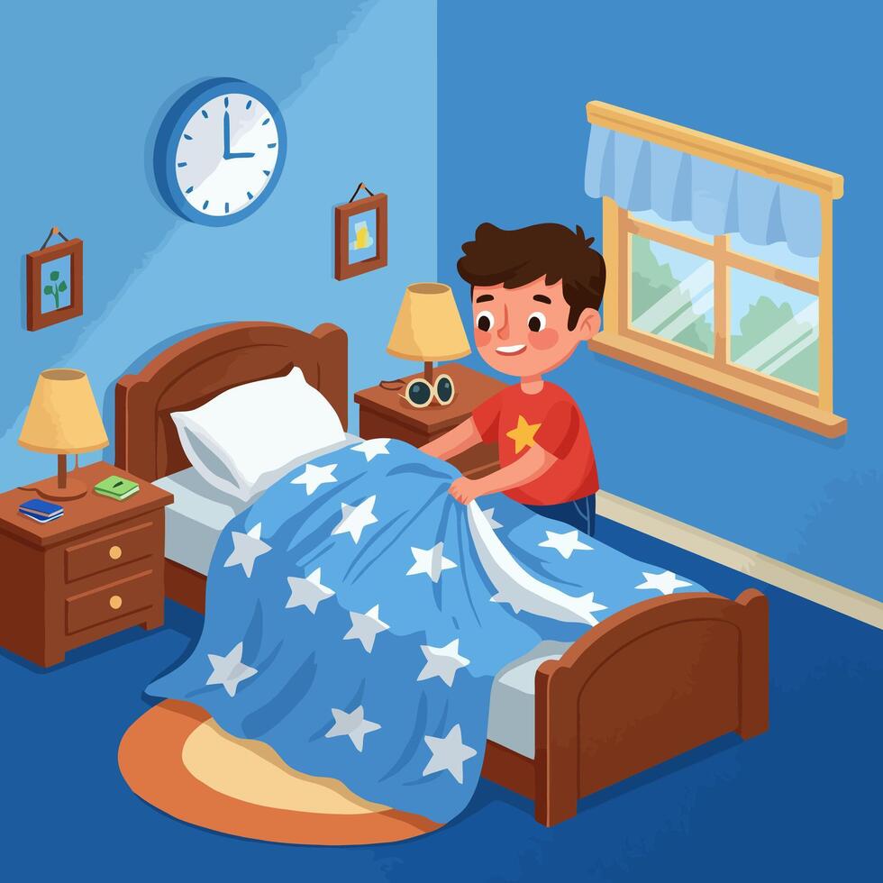 Boy Making Bed in Bedroom with Stars on Blue Blanket vector