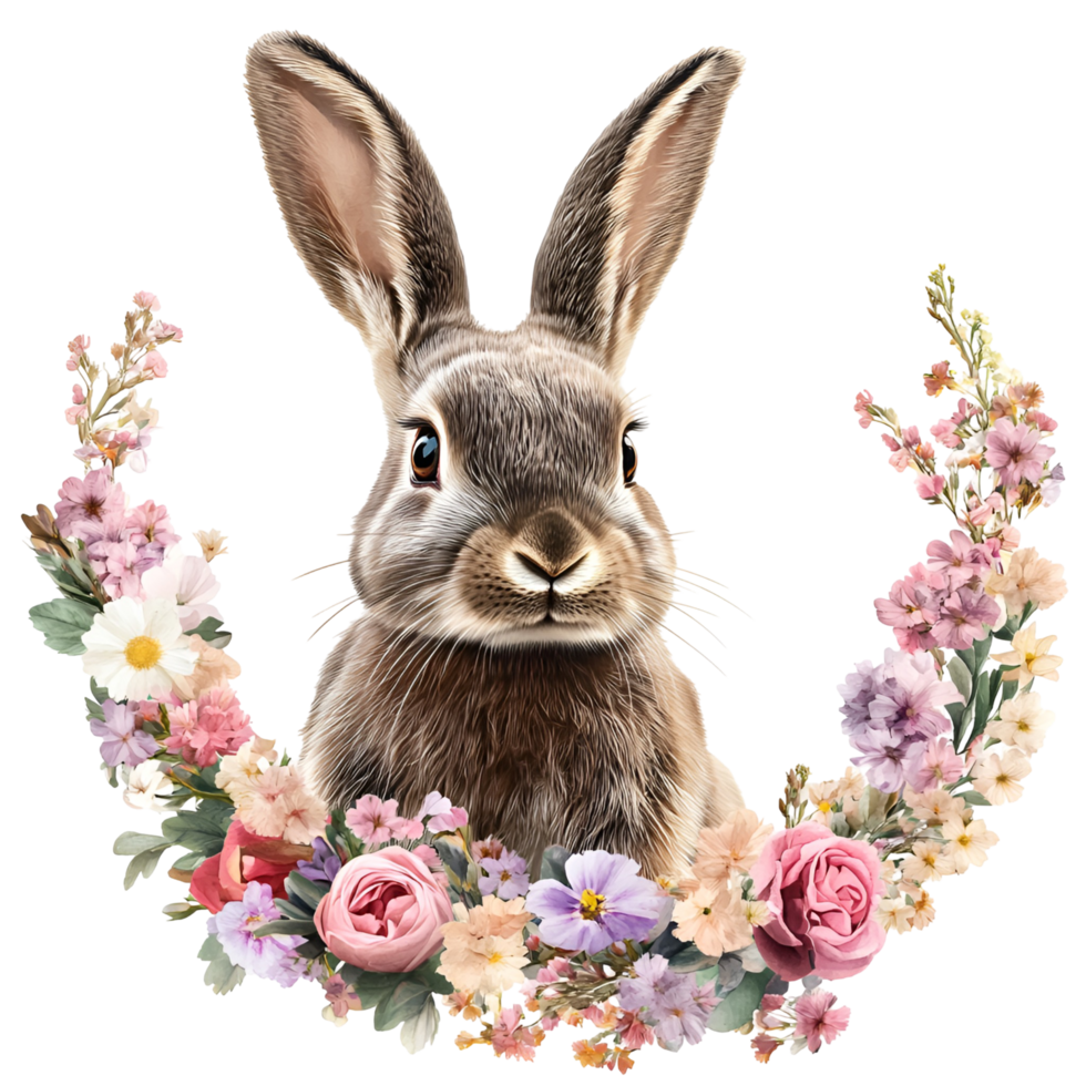 Hand-Painted Easter Bunny With Colorful Blooms On Transparent Background png