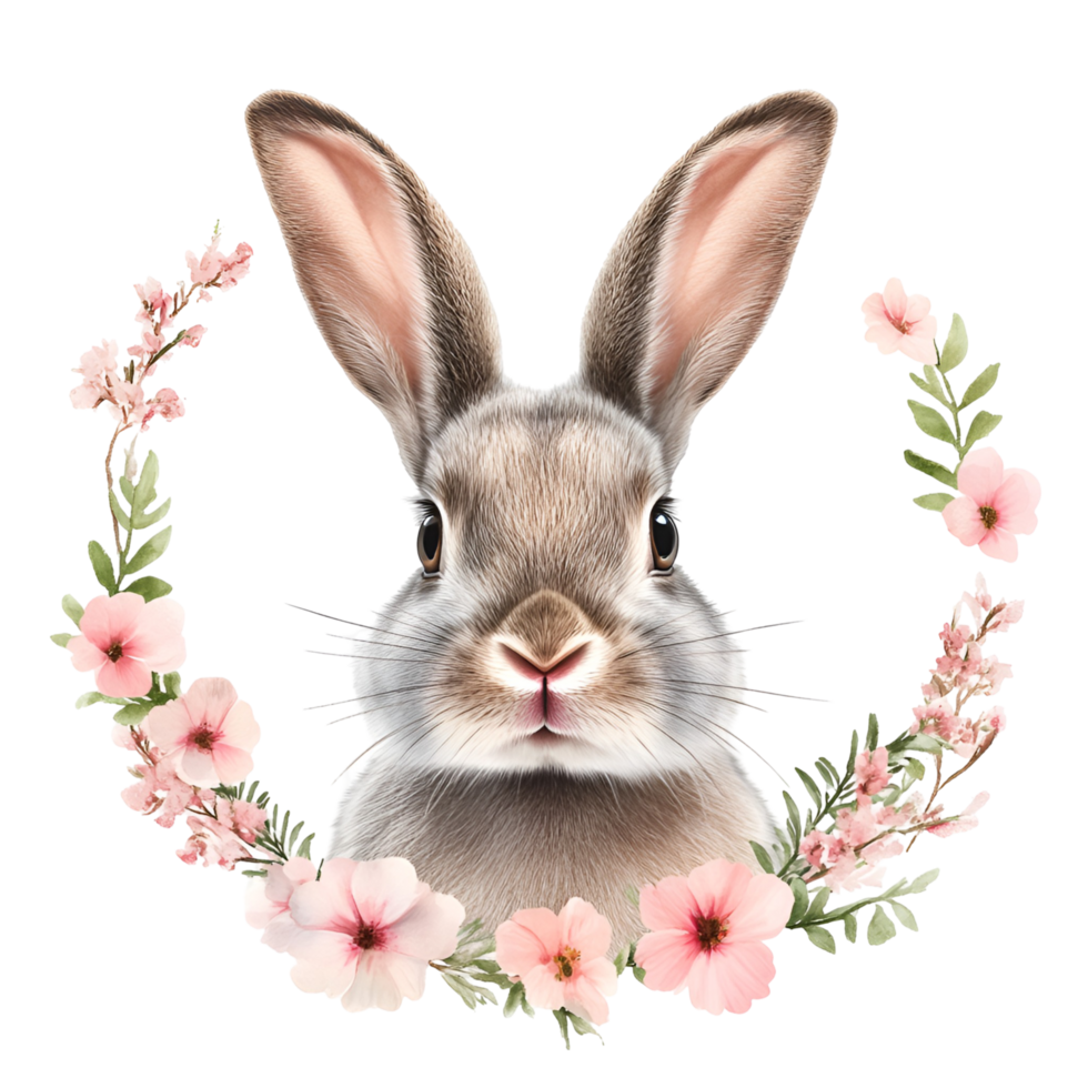 Watercolor Easter Bunny With Floral Wreath On Transparent Background png
