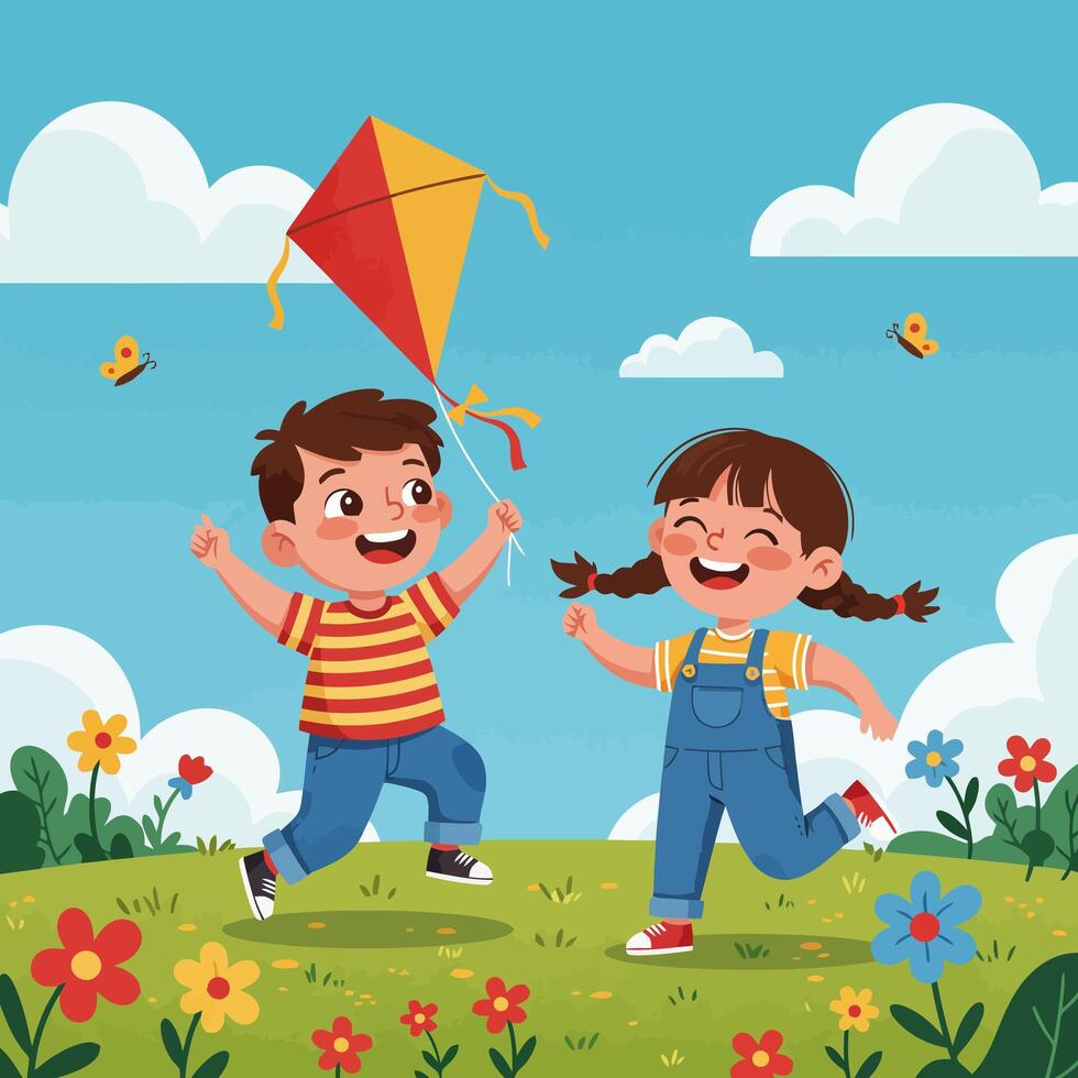 Children Fly Kite Together on Sunny Day in Flower Meadow vector