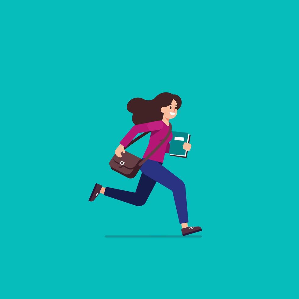 Woman Running with Book and Bag Against a Solid Background vector