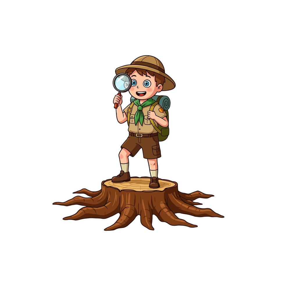 Boy Scout on Stump Using Magnifying Glass Exploring Nature Outdoors vector