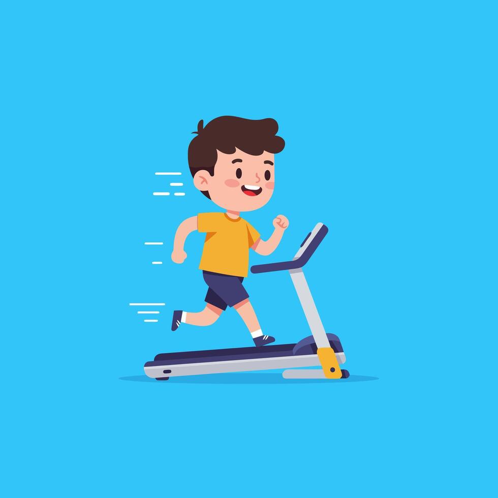 Boy Running on Treadmill for Exercise and Fitness Cartoon Illustration vector
