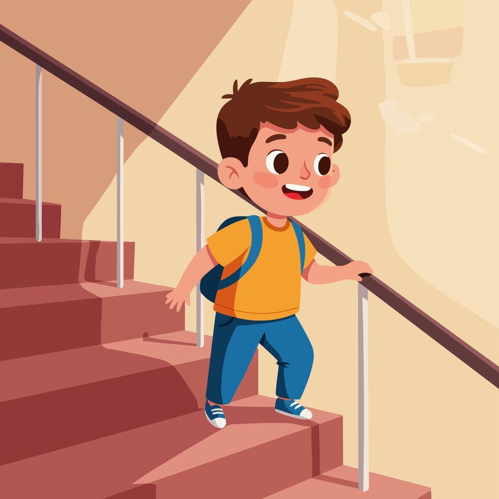 Boy Walking Down Stairs with Backpack Going to School vector
