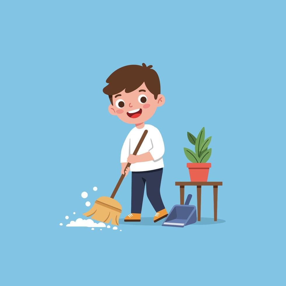 Boy Sweeping Floor with Broom While Smiling at Home in Cartoon vector