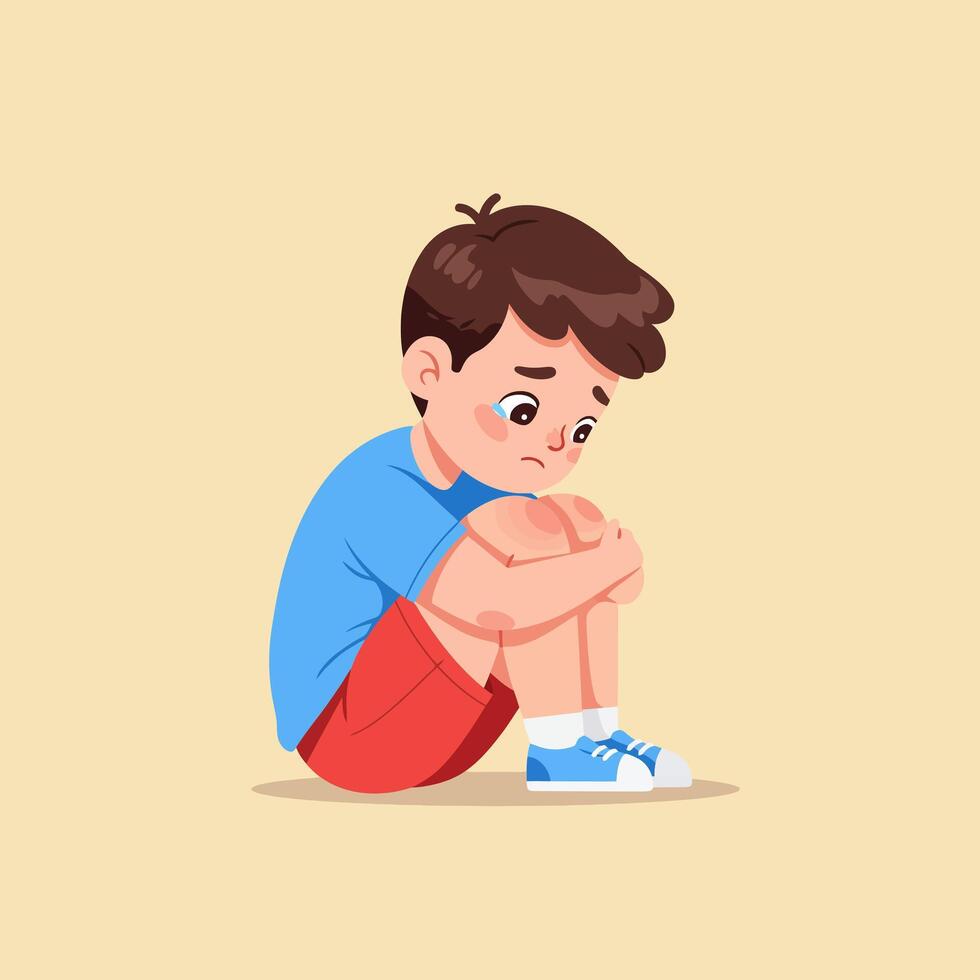 Crying Young Boy Sitting Alone Hugging Knees Feeling Sad Emotion vector