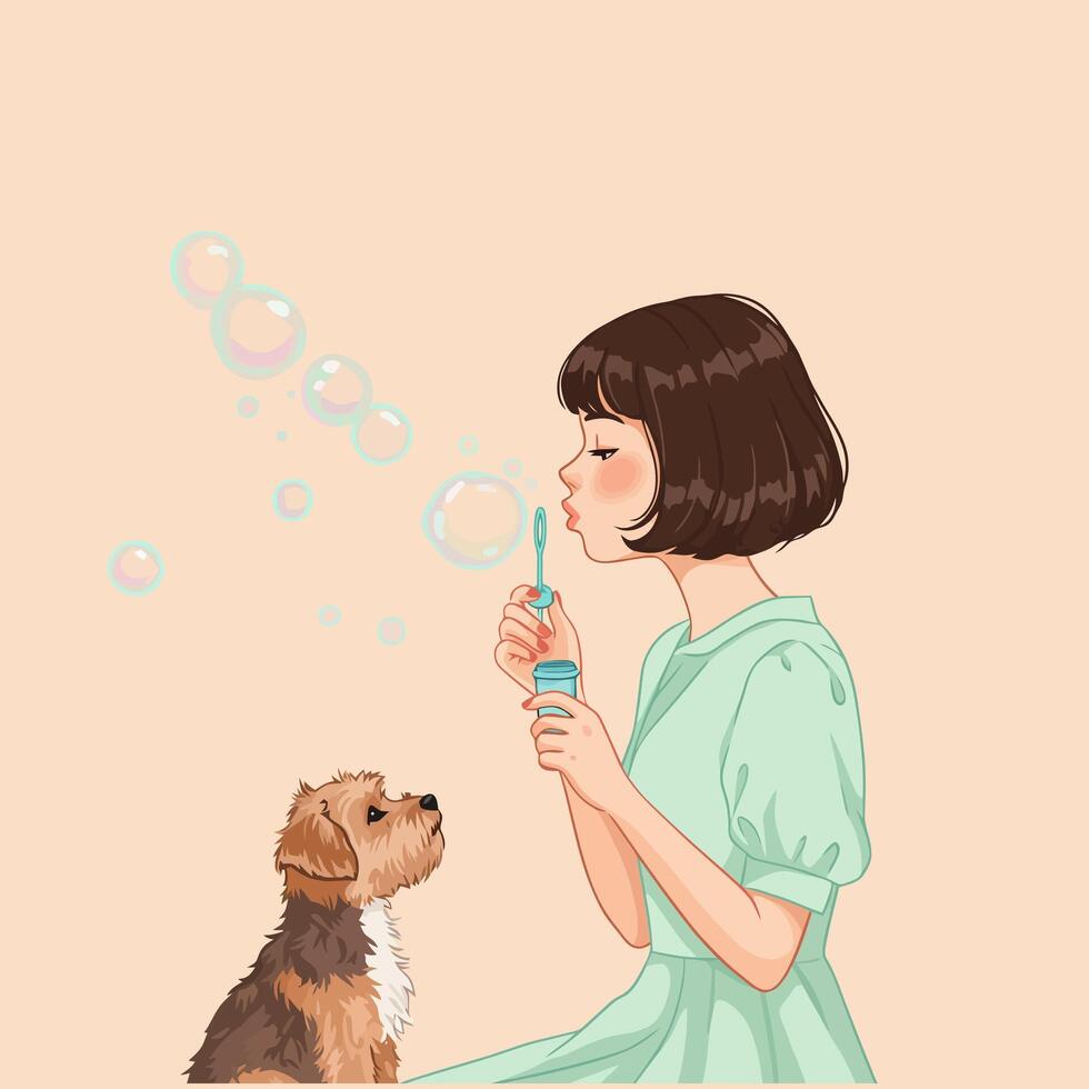 Girl Blowing Bubbles with Small Dog Looking Up in Pastel Colors vector