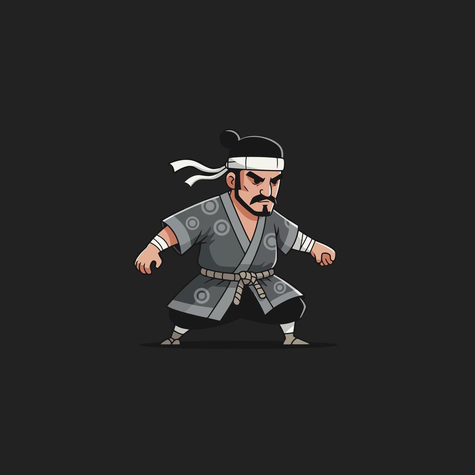 Cartoon Samurai Stance Ready for Battle in Grey Kimono vector