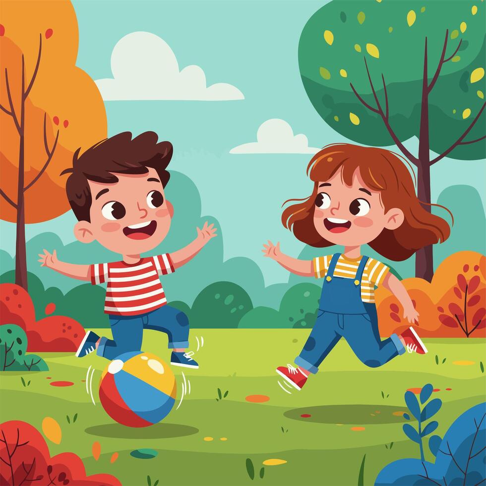 Children Playing with a Ball in a Park on a Sunny Day vector